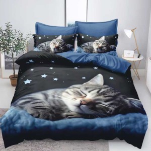 Lenjerie pat dublu,  FINET, 6 piese, IDENTICA CU POZA, Negur, Albastru, pisicuta