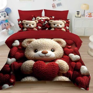 Lenjerie pat dublu,  FINET, 6 piese, IDENTICA CU POZA, Rosu, ursulet