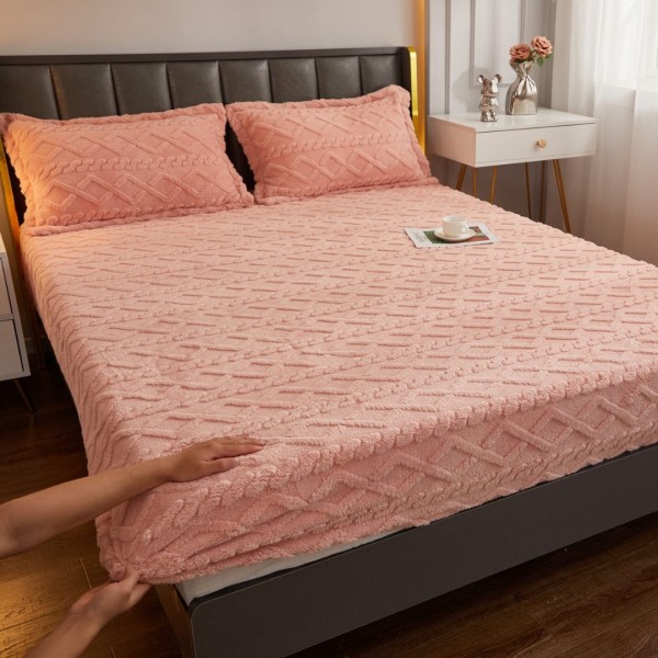 Cearșaf cu Elastic Cocolino, Model 3D Tricotat, 180x200x25 cm – Set cu 2 Fețe de Pernă, Gros și Pufos, Somon [1]