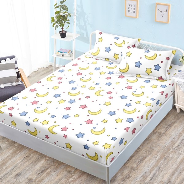 Cearsaf cu elastic, Bumbac FINET, 160x200cm, 2 fete de perne 50x70cm, Alb, Luna si Stele Colorate [1]