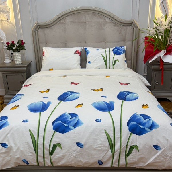 Lenjerie Pat Dublu, Bumbac Ranforce, 4 piese, Atelier Cumparamisim - Lux Suprem, Rafinament Desăvârșit, Confort Regal, Alb, Albastru, Lalele [1]