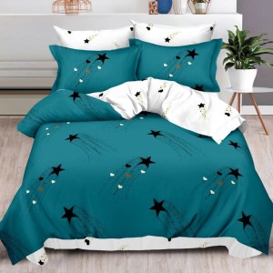 Lenjerie pat dublu, Finet, 6 piese, alb, verde, stelute