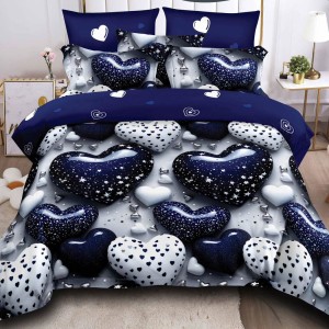 Lenjerie pat dublu, Finet, 6 piese, Albastru, inimioare