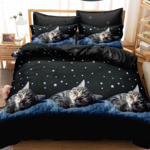 Lenjerie pat dublu, Finet, 6 piese, Negru, pisicute