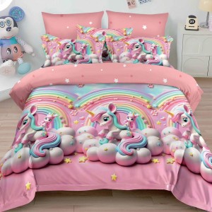 Lenjerie pat dublu, Finet, 6 piese, Roz, unicorni