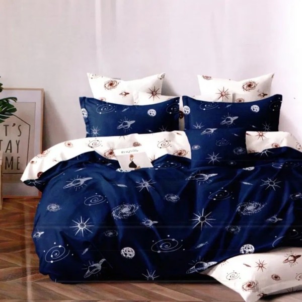 Lenjerie pat dublu, bumbac satinat, cu doua feţe, 4 piese,  Bleumarin, Alb, galaxie [1]