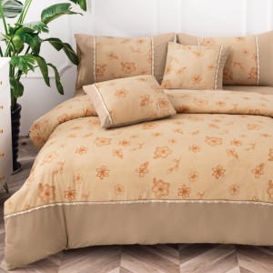 Lenjerie Pat Dublu,  Finet Satinat, CEARSAF CU ELASTIC, 6 piese, Bej, Flori