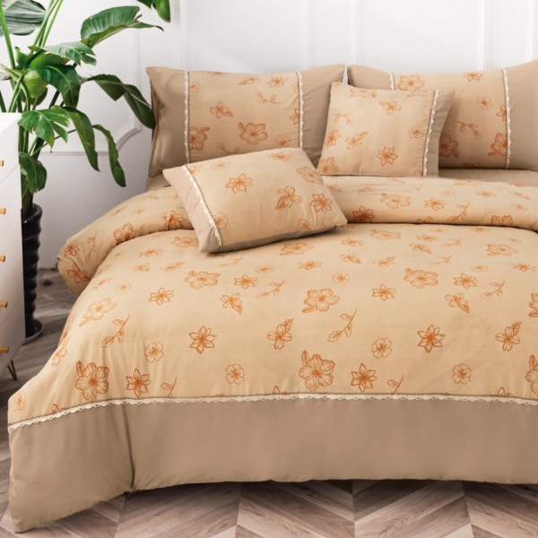 Lenjerie Pat Dublu,  Finet Satinat, CEARSAF CU ELASTIC, 6 piese, Bej, Flori [1]