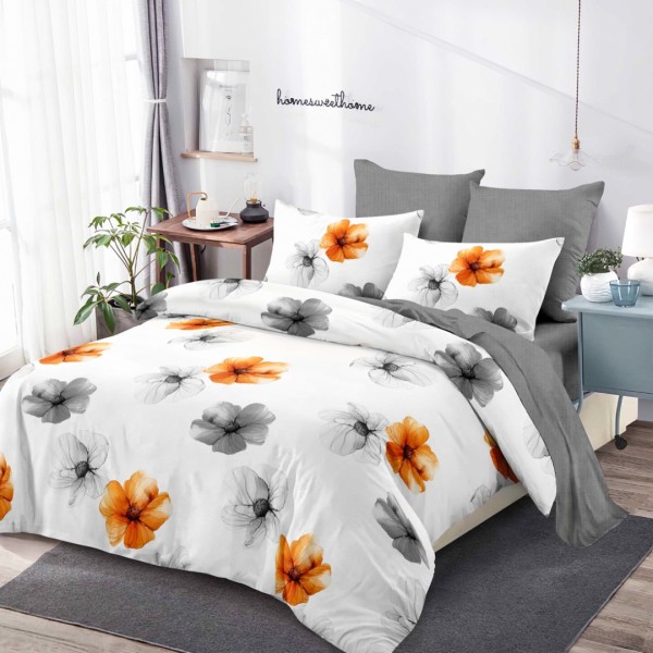 Lenjerie pat dublu,  FINET, cu elastic, 6 piese, Alb, Gri, Flori [1]