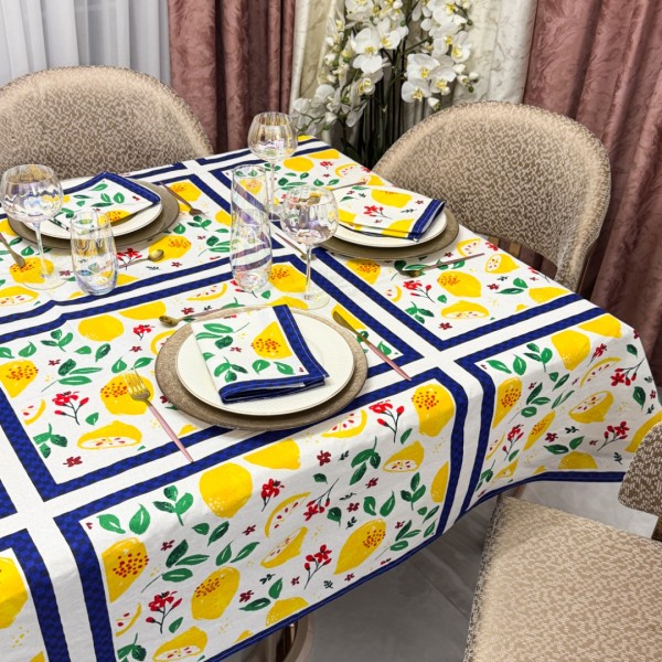 Set Față de Masă din Bumbac Imprimat cu 6 Șervețele – Eleganță și Calitate pentru Mese Perfecte, Alb, Lamai [1]