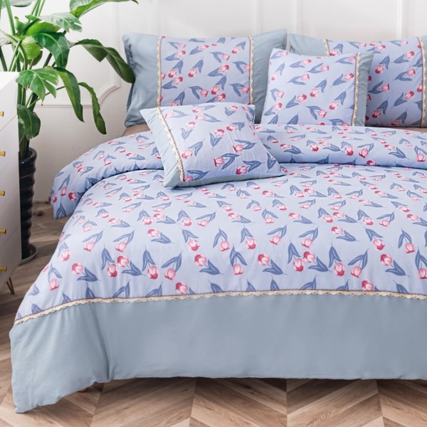 Lenjerie Pat Dublu,  Finet Satinat, CEARSAF CU ELASTIC, 6 piese, Bleu, Flori [1]