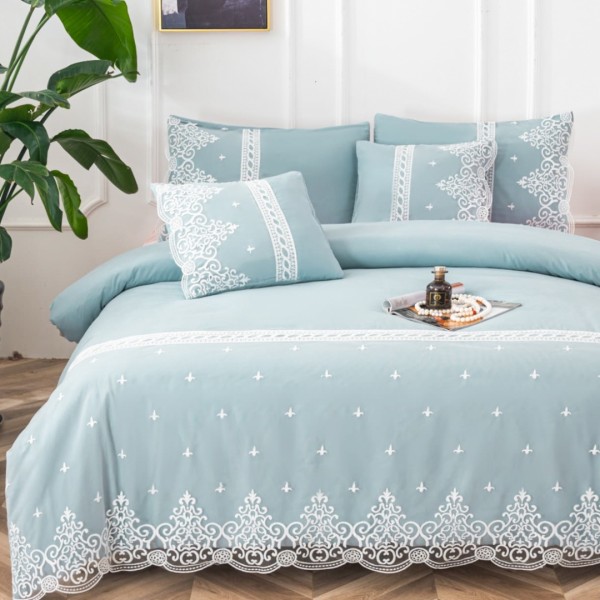 Lenjerie pat dublu,  Fin cu Dantela si Broderie Rafinata, CEARSAF CU ELASTIC, 6 piese, Bleu [1]