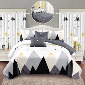 Set Lenjerie pat dublu + 2 draperii, finet, 8 piese, Alb, Gri, munti