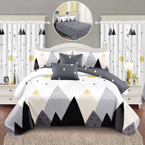 Set Lenjerie pat dublu (140x200cm, 160x200cm, 180x200cm) + 2 draperii, finet, 8 piese, Alb, Gri, munti [1]