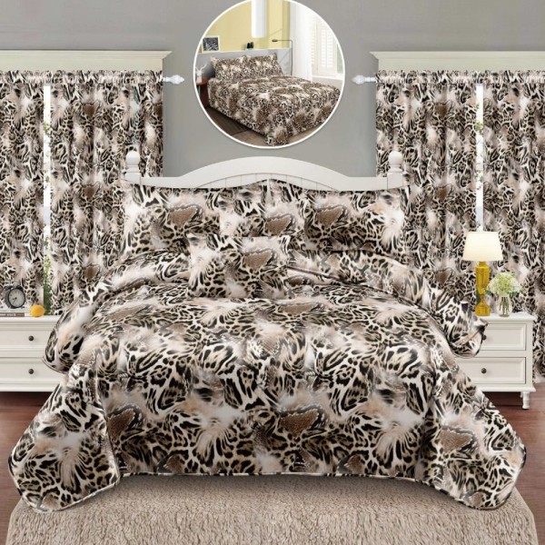 Set Lenjerie pat dublu (140x200cm, 160x200cm, 180x200cm) + 2 draperii, finet, 8 piese, Bej, animal print [1]