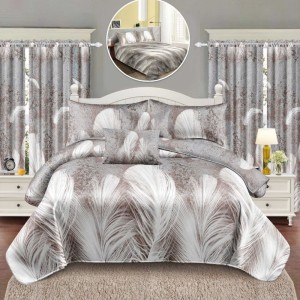 Set Lenjerie pat dublu + 2 draperii, finet, 8 piese, Bej, Gri, pene Set Lenjerie pat dublu + 2 draperii, finet, 8 piese, Bej, Gri, pene