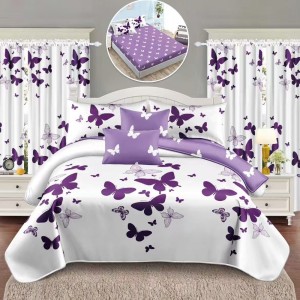 Set Lenjerie pat dublu cu Elastic + 2 draperii, finet, 8 piese, Mov, fluturi