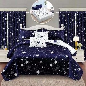 Set Lenjerie pat dublu cu Elastic (160x200cm, 180x200cm) + 2 draperii, finet, 8 piese, Alb, Albastru, stele