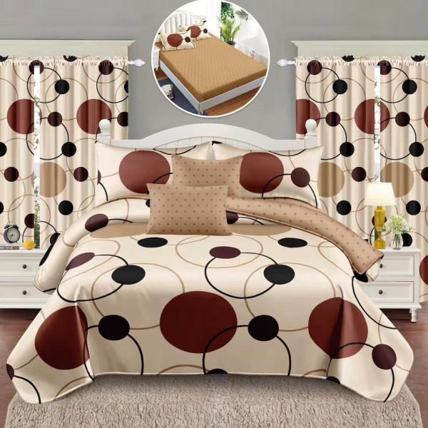 Set Lenjerie pat dublu cu Elastic (160x200cm, 180x200cm) + 2 draperii, finet, 8 piese, Maro, buline [1]