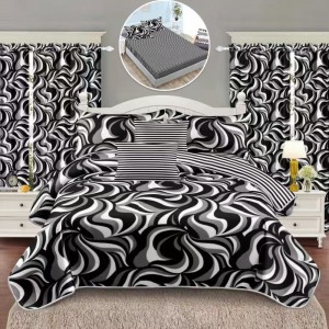 Set Lenjerie pat dublu cu Elastic + 2 draperii, finet, 8 piese, Alb, Negru, abstract Set Lenjerie pat dublu cu Elastic + 2 draperii, finet, 8 piese, Alb, Negru, abstract