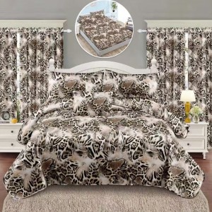 Set Lenjerie pat dublu cu Elastic + 2 draperii, finet, 8 piese, Bej, animal print Set Lenjerie pat dublu cu Elastic + 2 draperii, finet, 8 piese, Bej, animal print
