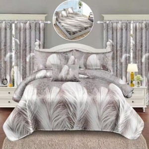 Set Lenjerie pat dublu cu Elastic + 2 draperii, finet, 8 piese, Bej, pene