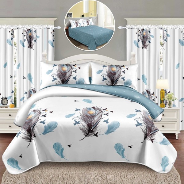 Lenjerie Pat Single, FINET, 6 piese, cu 2 DRAPERII INCLUSE, Alb, Bleu, pene [1]