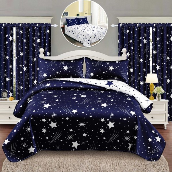 Lenjerie Pat Single, FINET, 6 piese, cu 2 DRAPERII INCLUSE, Alb, Albastru, stelute [1]