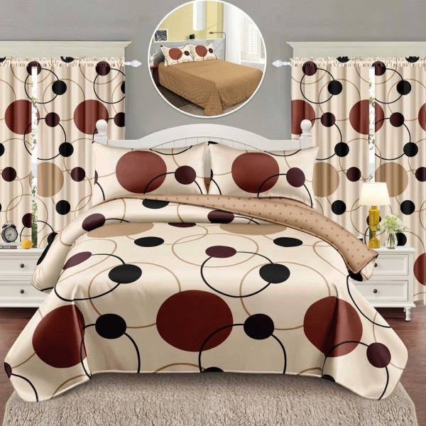 Lenjerie Pat Single, FINET, 6 piese, cu 2 DRAPERII INCLUSE, Maro, buline [1]