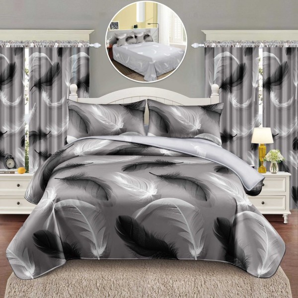 Lenjerie Pat Single, FINET, 6 piese, cu 2 DRAPERII INCLUSE, Gri, pene [1]