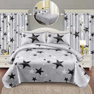 Lenjerie Pat Single, FINET, 6 piese, cu 2 DRAPERII INCLUSE, Gri, stelute Lenjerie Pat Single, FINET, 6 piese, cu 2 DRAPERII INCLUSE, Gri, stelute