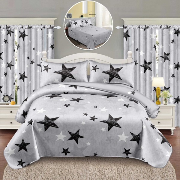 Lenjerie Pat Single, FINET, 6 piese, cu 2 DRAPERII INCLUSE, Gri, stelute [1]
