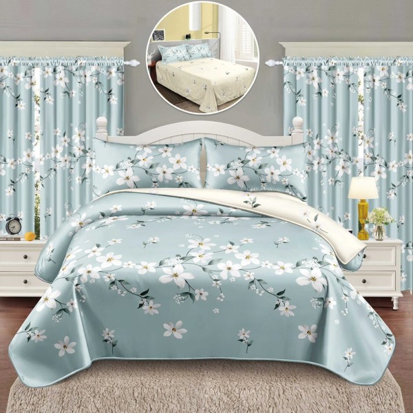 Lenjerie Pat Single, FINET, 6 piese, cu 2 DRAPERII INCLUSE, Bleu, flori [1]