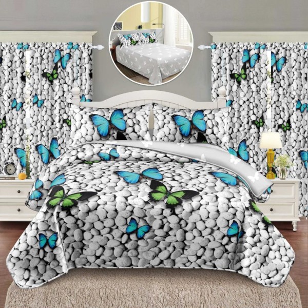 Lenjerie Pat Single, FINET, 6 piese, cu 2 DRAPERII INCLUSE, Gri, Albastru, fluturi [1]