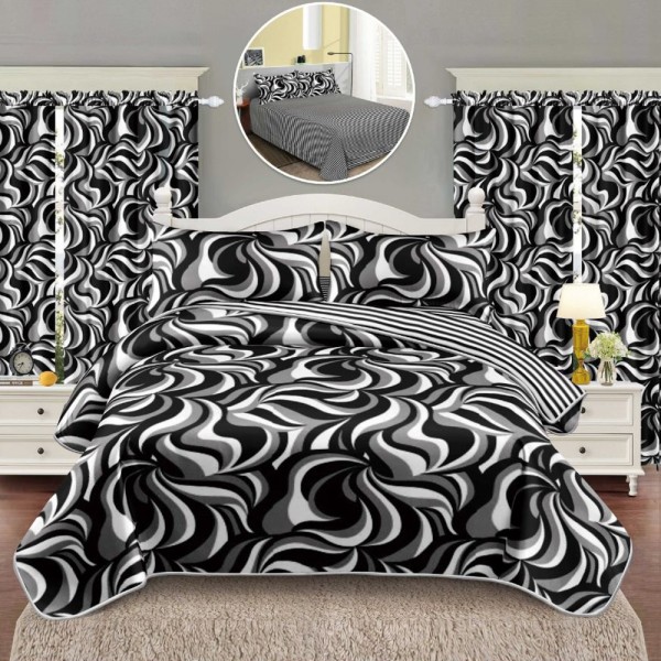 Lenjerie Pat Single, FINET, 6 piese, cu 2 DRAPERII INCLUSE, Alb, Negru, Gri, abastract [1]