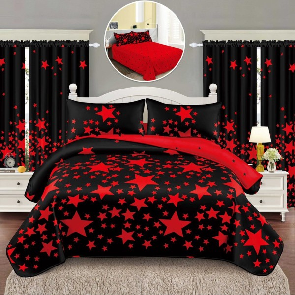 Lenjerie Pat Single, FINET, 6 piese, cu 2 DRAPERII INCLUSE, Rosu, Negru, stelute [1]