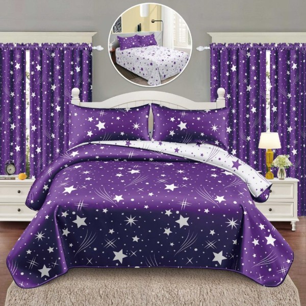 Lenjerie Pat Single, FINET, 6 piese, cu 2 DRAPERII INCLUSE, Alb, Mov, stele [1]