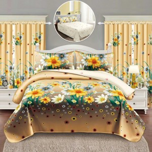 Lenjerie Pat Single, FINET, 6 piese, cu 2 DRAPERII INCLUSE, Bej, Maro, flori Lenjerie Pat Single, FINET, 6 piese, cu 2 DRAPERII INCLUSE, Bej, Maro, flori