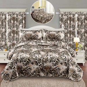 Lenjerie Pat Single, FINET, 6 piese, cu 2 DRAPERII INCLUSE, Bej, animal print Lenjerie Pat Single, FINET, 6 piese, cu 2 DRAPERII INCLUSE, Bej, animal print
