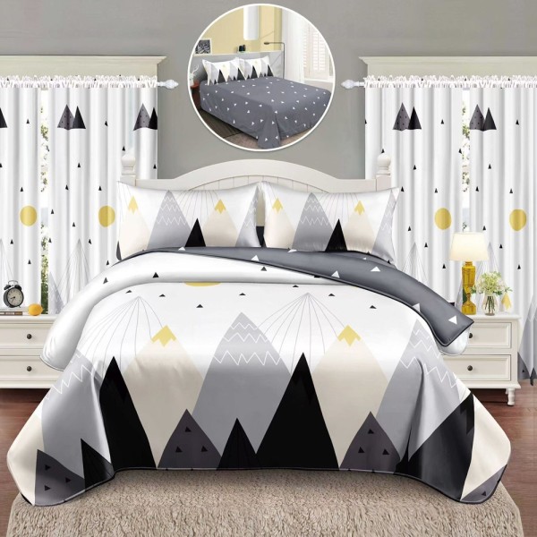 Lenjerie Pat Single, FINET, 6 piese, cu 2 DRAPERII INCLUSE, Alb, Gri, munti [1]