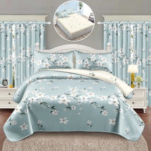 Set Lenjerie pat dublu cu Elastic (140x200cm) + 2 draperii, finet, 6 piese, Bleu, flori