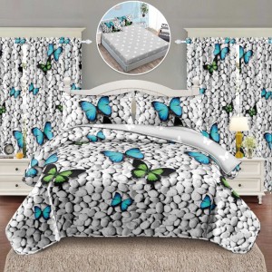 Set Lenjerie pat dublu cu Elastic (140x200cm) + 2 draperii, finet, 6 piese, Gri, Albastru, fluturi Set Lenjerie pat dublu cu Elastic (140x200cm) + 2 draperii, finet, 6 piese, Gri, Albastru, fluturi