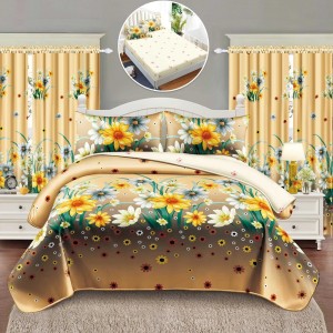 Set Lenjerie pat dublu cu Elastic (140x200cm) + 2 draperii, finet, 6 piese, Bej, Maro, flori Set Lenjerie pat dublu cu Elastic (140x200cm) + 2 draperii, finet, 6 piese, Bej, Maro, flori