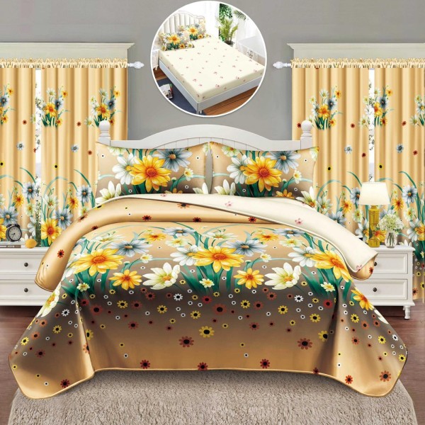 Set Lenjerie pat dublu cu Elastic (140x200cm) + 2 draperii, finet, 6 piese, Bej, Maro, flori [1]