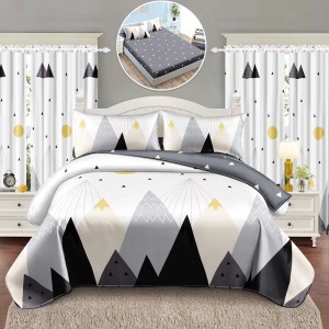 Set Lenjerie pat dublu cu Elastic (140x200cm) + 2 draperii, finet, 6 piese, Alb, Gri, munti