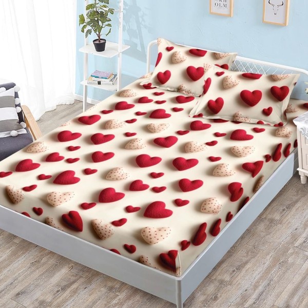 Cearșaf cu Elastic, Bumbac Satinat, 180x200 cm + 2 Fețe de Pernă 50x70 cm, Bej, inimioare [1]