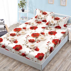 Cearșaf cu Elastic, Bumbac Satinat, 180x200 cm + 2 Fețe de Pernă 50x70 cm, Crem, flori Cearșaf cu Elastic, Bumbac Satinat, 180x200 cm + 2 Fețe de Pernă 50x70 cm, Crem, flori
