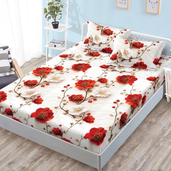 Cearșaf cu Elastic, Bumbac Satinat, 180x200 cm + 2 Fețe de Pernă 50x70 cm, Crem, flori [1]