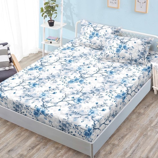 Cearșaf cu Elastic, Bumbac Satinat, 180x200 cm + 2 Fețe de Pernă 50x70 cm, Alb, flori albastre [1]