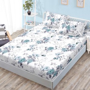 Cearșaf cu Elastic, Bumbac Satinat, 180x200 cm + 2 Fețe de Pernă 50x70 cm, Alb, flori albastre
